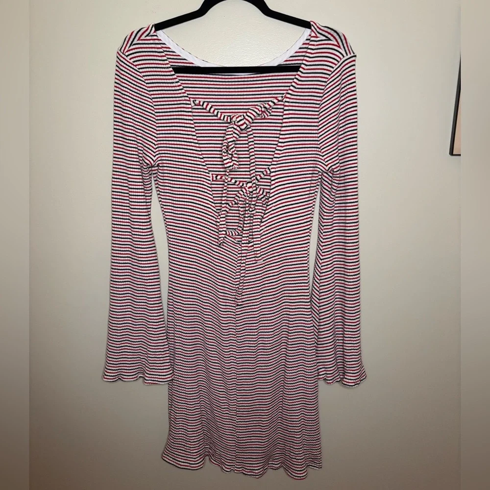 Striped Bell-Sleeve Knit Dress in Red and White - Picture 4 of 5